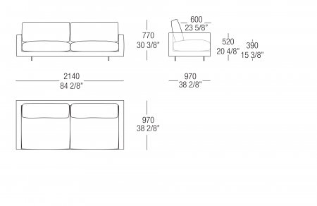 Sofa W. 2140 mm split sitting cushion - armrest W. 100 mm