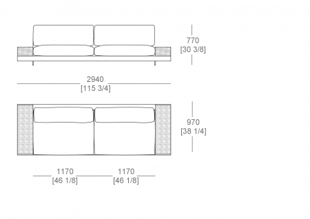Sofa W. 2940, top support W. 300 x D. 940 mm, split sitting cushion 